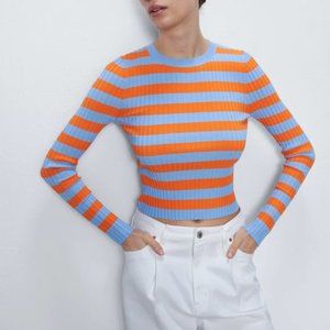 Zara Striped Long Sleeve Top in Orange and Blue
